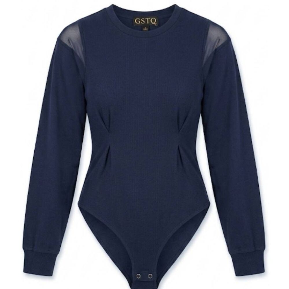 Gstq womens small cinched waist luxury bodysuit cotton elastane navy blue